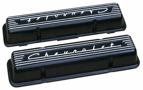 PML Covers - 11029-BK | PML Cover Valve Covers Chevy Small Block Engines From 1955 To 1959, CHEVROLET Script & Fins | Black Powder Coat Finish