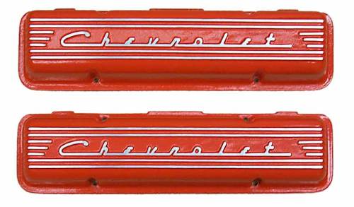 PML Covers - 11029-OR | PML Cover Valve Covers Chevy Small Block Engines From 1955 To 1959, CHEVROLET Script & Fins | Orange Powder Coat Finish