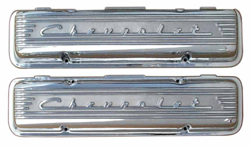 PML Covers - 11029-P | PML Cover Valve Covers Chevy Small Block Engines From 1955 To 1959, CHEVROLET Script & Fins | Polish Finish