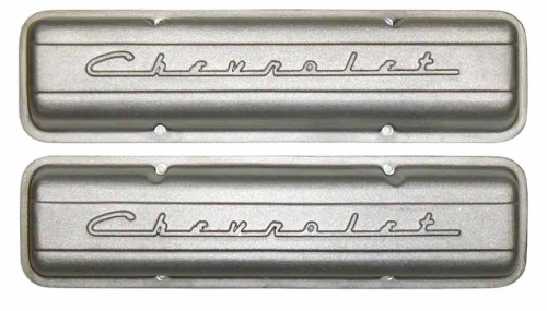 PML Covers - 11106H-AC | PML Cover Valve Covers Chevy Small Block, 265, 283, 327, 350 & 400 Engines, CHEVROLET Script | Natural As-Cast Finish, With Machined Holes