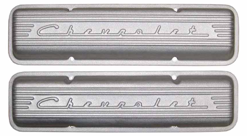 PML Covers - 10430H-AC | PML Cover Valve Covers Chevy Small Block, 265, 283, 327, 350 & 400 Engines, CHEVROLET Script & Fins | Natural As-Cast Finish, With Machined Holes