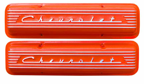 PML Covers - 10430H-OR | PML Cover Valve Covers Chevy Small Block, 265, 283, 327, 350 & 400 Engines, CHEVROLET Script & Fins | Orange Powder Coat Finish, With Machined Holes