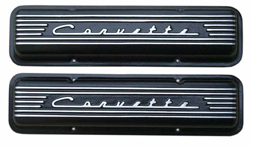 PML Covers - 11026H-BK | PML Cover Valve Covers Chevy Small Block, 265, 283, 327, 350 & 400 Engines, CORVETTE Script & Fins | Black Powder Coat Finish, With Machined Holes