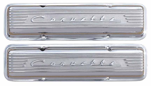 PML Covers - 11026H-P | PML Cover Valve Covers Chevy Small Block, 265, 283, 327, 350 & 400 Engines, CORVETTE Script & Fins | Polish Finish, With Machined Holes