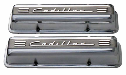 PML Covers - 11107H-P | PML Cover Valve Covers Chevy Small Block, 265, 283, 327, 350 & 400 Engines, CADILLAC Script & Fins | Polish Finish, With Machined Holes