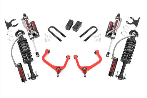 Rough Country - 28850RED_A | Rough Country 3.5 Inch Lift Kit GMC Sierra 1500 2WD/4WD | Red Finish Control Arm, Factory Rear Mono-Leaf Spring, Vertex Coilovers With Vertex Shocks