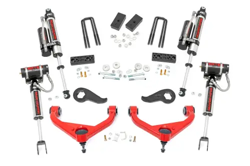 Rough Country - 97750RED | Rough Country 3 Inch Lift Kit For Chevrolet Silverado / GMC Sierra 2500 HD & 3500 HD | Red Finish Arms, With Factory Rear Overload Springs, Vertex Shocks Shocks