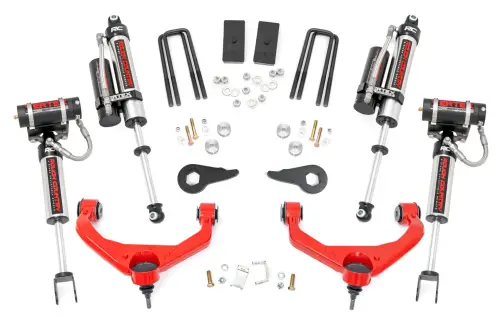 Rough Country - 97550RED | Rough Country 3.5 Inch Lift Kit For Chevrolet Silverado/GMC Sierra 2500HD/3500HD 2WD/4WD | Factory Rear Overload Springs, Red Finish Control Arm, Vertex Reservoir Shocks