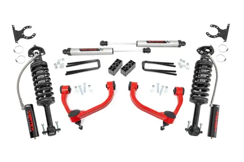 Rough Country - 54557RED | Rough Country 3 Inch Lift Kit For Ford F-150 4WD (2014-2020) | Red Finish, Vertex Coilovers, Rear V2 Monotube Shocks