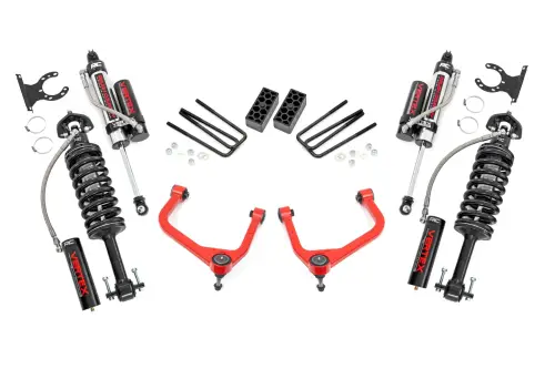 Rough Country - 22650RED | Rough Country 3.5 Inch Lift Kit With Red Control Arms Vertex Coilovers / Vertex Rear Shocks (2019-2025 Sierra 1500 2WD/4WD | Multi Leaf Springs)
