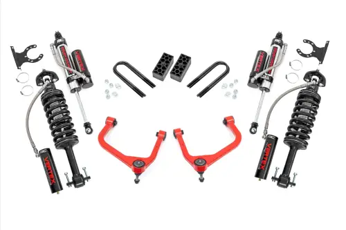 Rough Country - 28250RED | Rough Country 3.5 Inch Lift Kit For Chevrolet Silverado 1500 2WD/4WD | Red Finish Control Arm, Factory Rear Mono Leaf Spring, Vertex Coilovers With Vertex Shocks