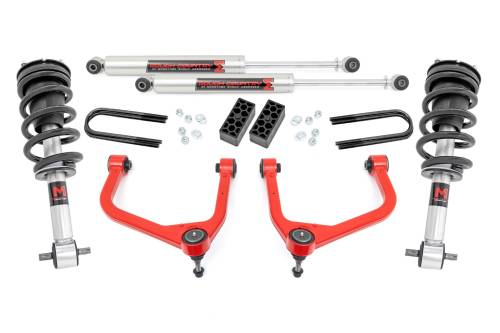 Rough Country - 28240RED | Rough Country 3.5 Inch Lift Kit For Chevrolet Silverado 1500 2WD/4WD (& Refresh) | Red Finish Control Arm, Factory Rear Mono Leaf Spring, M1 Struts With M1 Rear Shocks
