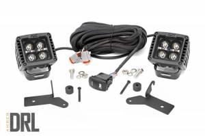 70052DRLA | Rough Country 2 Inch LED Light Cube & Lower Windshield Kit For Jeep Gladiator JT (2020-2022) / Wrangler 4xe (2021-2023) / Wrangler JL (2018-2023) | Black Series With Amber DRL
