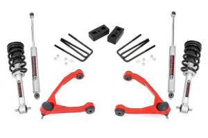 24640RED | Rough Country 3.5 Inch Lift Kit Chevrolet Silverado / GMC Sierra 1500 (2007-2016) | Red Finish Arm, M1 Monotube Struts (2007-2013), Rear M1 Monotube Struts