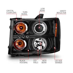 Anzo USA - 111125 | Anzo Projector Headlights Black with RX Halo (2007-2013 Sierra 1500, 2007-2014 Sierra 2500 HD, 3500 HD) - Image 2