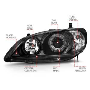 Anzo USA - 121059 | Anzo USA Projector Headlights w/ Halo Black (2004-2005 Civic) - Image 4