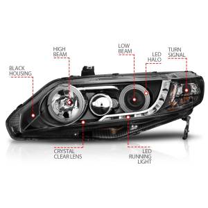 Anzo USA - 121454 | Anzo USA Projector Headlights w/ Halo Black (2006-2011 Civic 4 Door) - Image 4