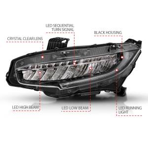Anzo USA - 121527 | Anzo USA LED Projector Headlights Plank Style Black w/ Sequential Signal (2016-2018 Civic 4 Door) - Image 4
