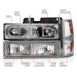 Anzo USA - 111508 | Anzo USA Crystal Halo Headlights Chrome w/ Signal & Side Markers 8pcs (1994-1998 C,K1500 | 1994-2000 C,K2500, 3500 | 1994-1999 Suburban, Tahoe) - Image 4