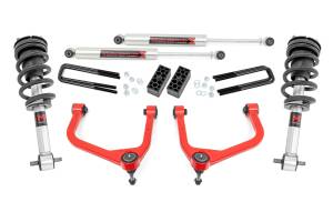 29540RED | Rough Country 3.5 Inch Lift Kit With Red Control Arms M1 Struts / M1 Rear Shocks (2019-2024 Silverado 1500 2WD/4WD | Multi Leaf Springs)