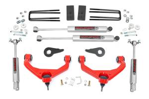 97530RED | Rough Country 3.5 Inch Lift Kit For Chevrolet Silverado/GMC Sierra 2500HD/3500HD 2WD/4WD | Factory Rear Overload Springs, Red Finish Control Arm, Premium N3 Shocks