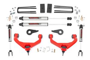 97570RED | Rough Country 3.5 Inch Lift Kit For Chevrolet Silverado/GMC Sierra 2500HD/3500HD 2WD/4WD | Factory Rear Overload Springs, Red Finish Control Arm, V2 Monotube Shocks
