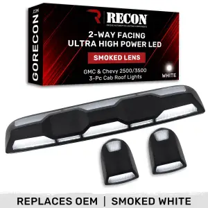 264158BKHPWH | Recon 3 Piece Set Smoked Lens Cab Roof Light Set 2-Way Front & Rear Facing Ultra High-Power White LEDs (2020-2024 Silverado, Sierra 2500 HD, 3500 HD Replaces OEM factory installed cab roof lights)