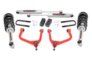 110531RED | Rough Country 3.5 Inch Lift Kit For GMC Sierra 1500 2WD/4WD | Red Arm Finish, Rear Factory Mono-Leaf Springs, N3 Struts With N3 Rear Shocks