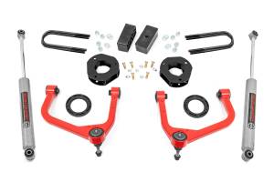 110530RED | Rough Country 3.5 Inch Lift Kit For GMC Sierra 1500 2WD/4WD | Red Arm Finish, Rear Factory Mono-Leaf Springs, Strut Spacer With N3 Rear Shocks