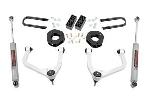 28230_A | Rough Country 3.5 Inch Lift Kit For Chevrolet Silverado 1500 2WD/4WD | Aluminum Finish Control Arm, Factory Rear Mono Leaf Spring, Strut Spacer With N3 Rear Shocks