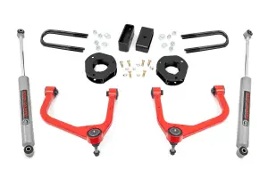 28230RED_A | Rough Country 3.5 Inch Lift Kit For Chevrolet Silverado 1500 2WD/4WD | Red Finish Control Arm, Factory Rear Mono Leaf Spring, Strut Spacer With N3 Rear Shocks