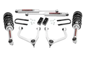 28231_A | Rough Country 3.5 Inch Lift Kit For Chevrolet Silverado 1500 2WD/4WD | Aluminum Finish Control Arm, Factory Rear Mono Leaf Spring, N3 Strut With N3 Rear Shocks