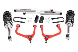 28231RED_A | Rough Country 3.5 Inch Lift Kit For Chevrolet Silverado 1500 2WD/4WD | Red Finish Control Arm, Factory Rear Mono Leaf Spring, N3 Strut With N3 Rear Shocks