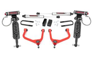 28257RED_A | Rough Country 3.5 Inch Lift Kit For Chevrolet Silverado 1500 2WD/4WD | Red Finish Control Arm, Factory Rear Mono Leaf Spring, Vertex Coilovers With V2 Rear Shocks
