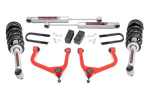 28831RED_A | Rough Country 3.5 Inch Lift Kit GMC Sierra 1500 2WD/4WD | Red Finish Control Arm, Factory Rear Mono-Leaf Spring, N3 Struts With N3 Rear Shocks