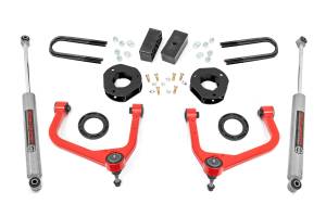 28830RED_A | Rough Country 3.5 Inch Lift Kit For GMC Sierra 1500 2WD/4WD | Red Finish Control Arm, Factory Mono Leaf Spring, Struts Spacers With N3 Rear Shocks