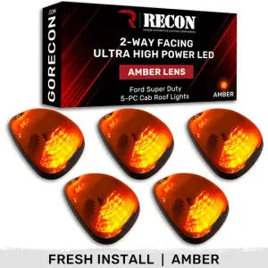 264143AMHPAM | Recon 5-Piece Amber Cab Roof Light Kit 2-Way Front & Rear Facing Ultra High-Power Amber LEDs Amber Lens (1999-2016 F250, F350 Super Duty For Models That DID NOT Come With Factory Cab Lights)