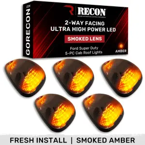 264143BKHPAM | Recon 5-Piece Smoked Cab Roof Light Kit 2-Way Front & Rear Facing Ultra High-Power Amber LEDs Smoked Lens (1999-2016 F250, F350 Super Duty For Models That DID NOT Come With Factory Cab Lights)