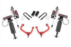 28250RED_A | Rough Country 3.5 Inch Lift Kit For Chevrolet Silverado 1500 2WD/4WD | Red Finish Control Arm, Factory Rear Mono Leaf Spring, Vertex Coilovers With Vertex Shocks