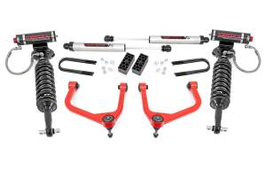 28257RED_A | Rough Country 3.5 Inch Lift Kit For Chevrolet Silverado 1500 2WD/4WD | Red Finish Control Arm, Factory Rear Mono Leaf Spring, Vertex Coilovers With V2 Rear Shocks
