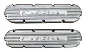 11163-AC | PML Cover Valve Covers For CADILLAC 368, 425, 472, 500, 1949 Script and Fins | Natural As-Cast Finish