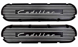 11163-BK | PML Cover Valve Covers For CADILLAC 368, 425, 472, 500, 1949 Script and Fins | Black Powder Coat Finish