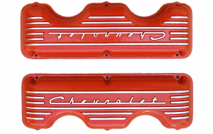 10651-OR | PML Cover Valve Cover For CHEVROLET 348, 409, Raised Script and Fins | Orange Powder Coat Finish
