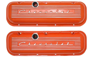 9739-OR | PML Cover Valve Covers For Chevy Big Block, 396, 427, 454, 502, CHEVROLET Script, Tall | Orange Powder Coat Finish
