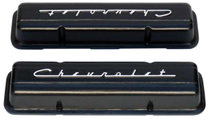 11106-BK | PML Cover Valve Covers Chevy Small Block, 265, 283, 327, 350 & 400 Engines, CHEVROLET Script | Black Powder Coat Finish