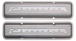 10430-AC | PML Cover Valve Covers Chevy Small Block, 265, 283, 327, 350 & 400 Engines, CHEVROLET Script & Fins | Natural As-Cast Finish
