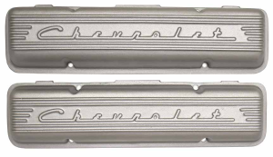 11029-AC | PML Cover Valve Covers Chevy Small Block Engines From 1955 To 1959, CHEVROLET Script & Fins | Natural As-Cast Finish