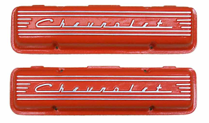 11029-OR | PML Cover Valve Covers Chevy Small Block Engines From 1955 To 1959, CHEVROLET Script & Fins | Orange Powder Coat Finish