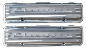 11029-P | PML Cover Valve Covers Chevy Small Block Engines From 1955 To 1959, CHEVROLET Script & Fins | Polish Finish