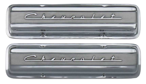 11106H-P | PML Cover Valve Covers Chevy Small Block, 265, 283, 327, 350 & 400 Engines, CHEVROLET Script | Polish Finish, With Machined Holes